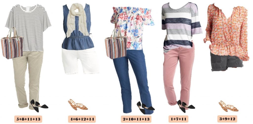 This Gap Spring Capsule wardrobe is comfy and casual but still put together. These mix & match outfits would be great for everyday or travel. Love the stripes and florals. 来自Gap的春亚慱体育app官网下载苹果季可爱的套装——露肩印花上衣,粉色斜纹棉布裤,可爱的短裤
