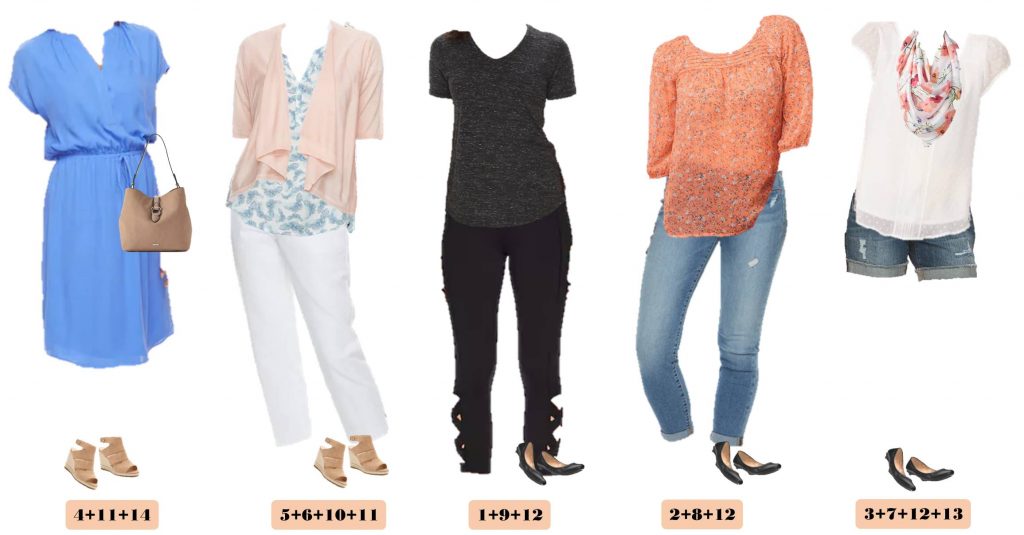 Here is a fun Kohls spring capsule wardrobe. These pieces mix and match to make 15 complete outfits including shoes and accessories. 可爱的花卉围巾,蓝色衬衫,空间染色黑色衬衫和紧身裤