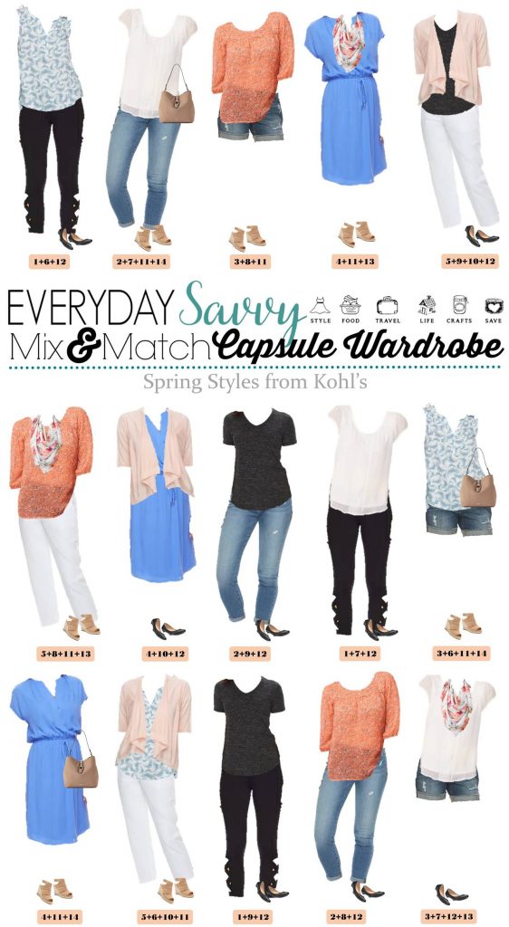 Here is a fun Kohls spring capsule wardrobe. These pieces mix and match to make 15 complete outfits including shoes and accessories. 混合搭配kohls的春装