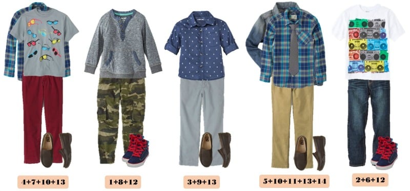 春天搭配服装的男孩。包括休闲男孩服装,更讲究服装的衣服。都来自同一组混合和匹配项。